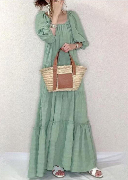 Elegant Light Green O-Neck Patchwork Wrinkled Maxi Dresses Puff Sleeve LY1995 - fabuloryshop