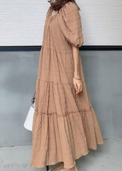 Elegant Light Green O-Neck Patchwork Wrinkled Maxi Dresses Puff Sleeve LY1995 - fabuloryshop