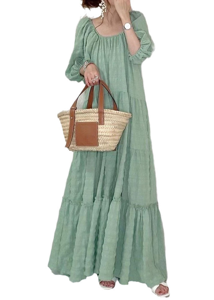 Elegant Light Green O-Neck Patchwork Wrinkled Maxi Dresses Puff Sleeve LY1995 - fabuloryshop