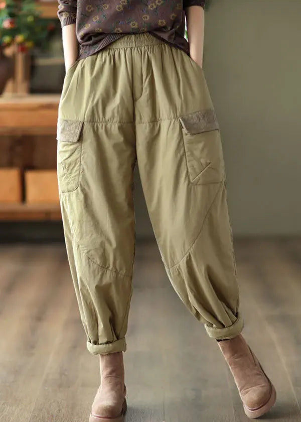 Elegant Light Green Pockets Patchwork Fleece Harem Pants Ada Fashion