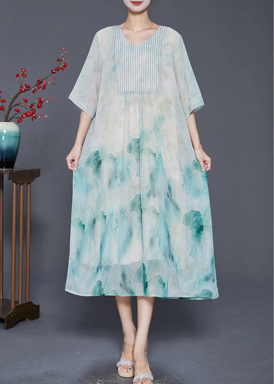 Elegant Light Green Tie Dye Wrinkled Chiffon A Line Dresses Summer Ada Fashion