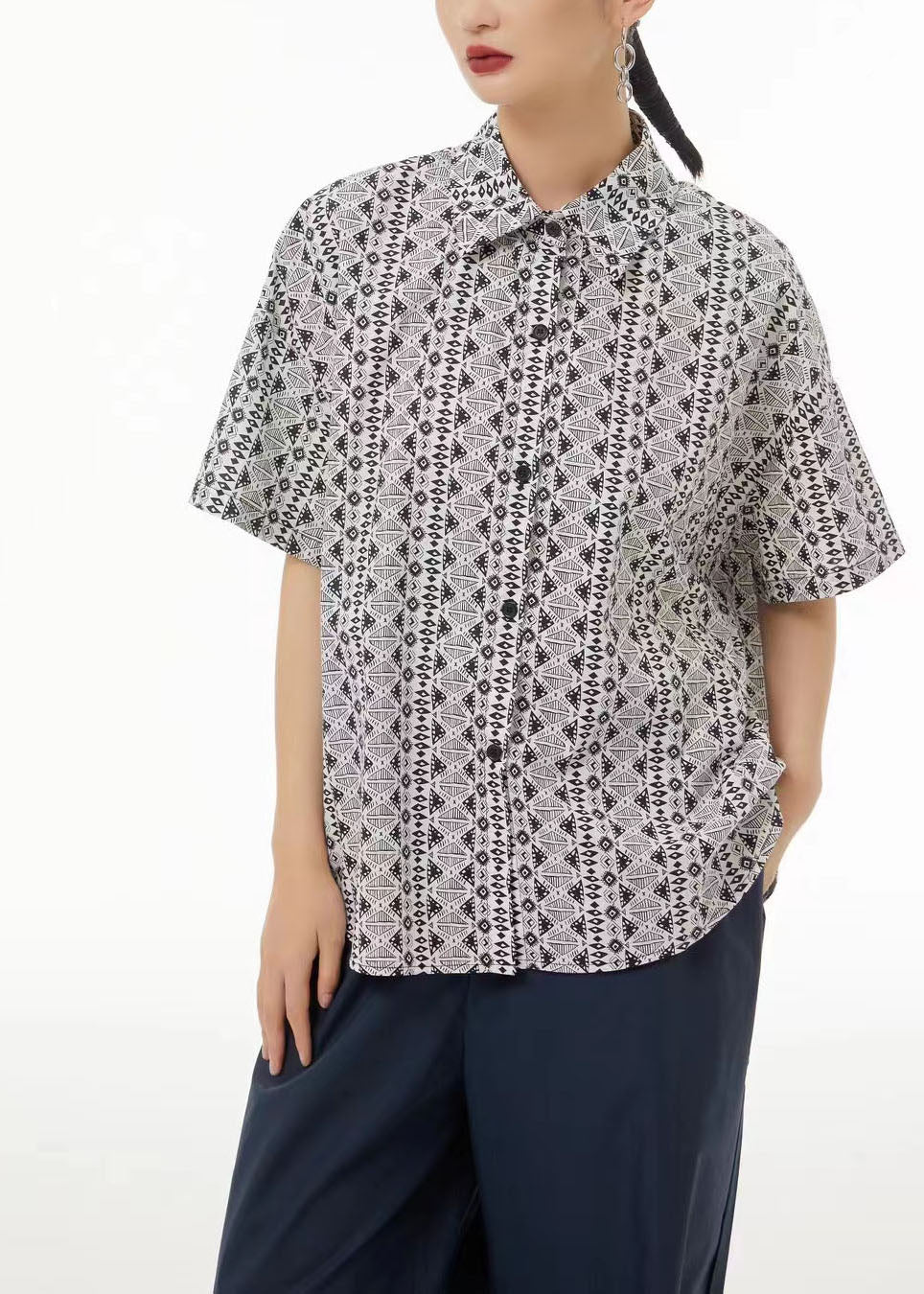 Elegant Light Grey Peter Pan Collar Print Cotton Shirt Top Short Sleeve LC0137 - fabuloryshop