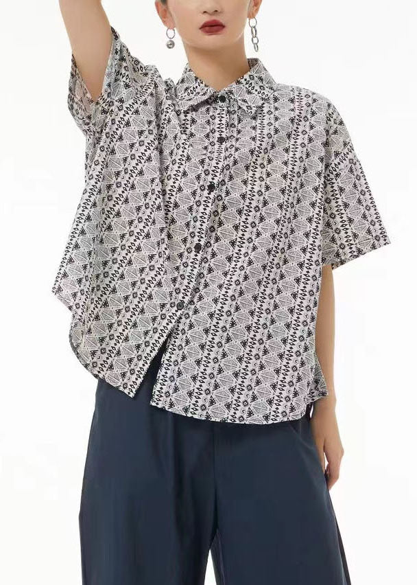 Elegant Light Grey Peter Pan Collar Print Cotton Shirt Top Short Sleeve LC0137 - fabuloryshop