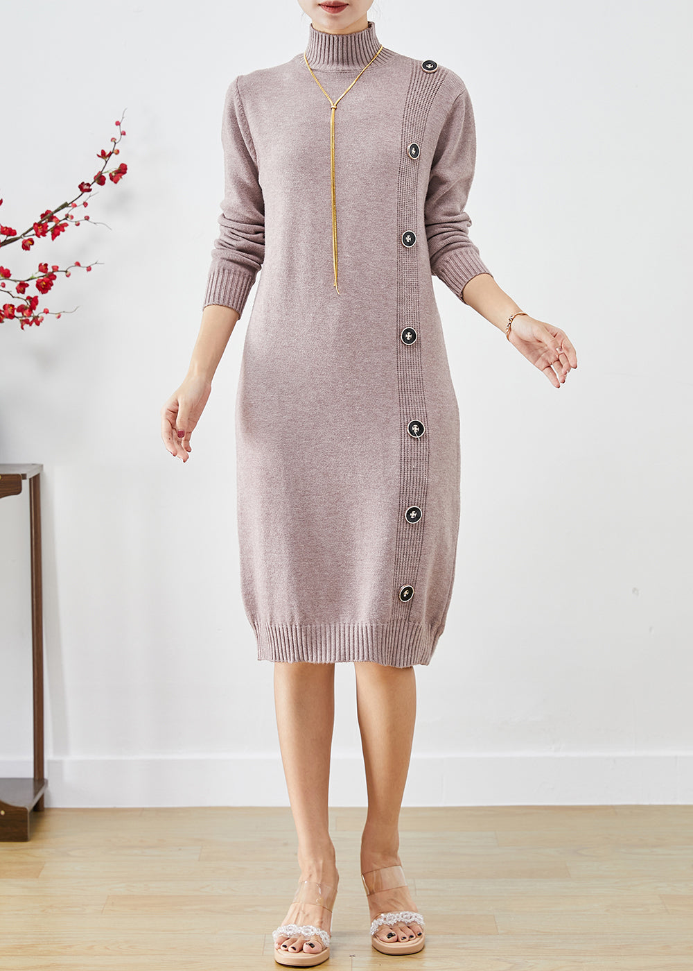 Elegant Light Purple High Neck Button Knit Sweater Dress Fall Ada Fashion