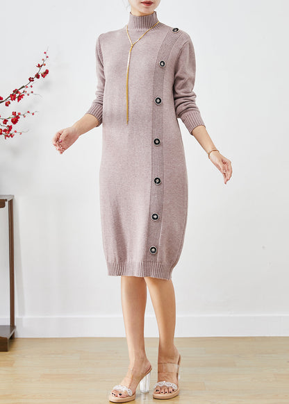 Elegant Light Purple High Neck Button Knit Sweater Dress Fall Ada Fashion