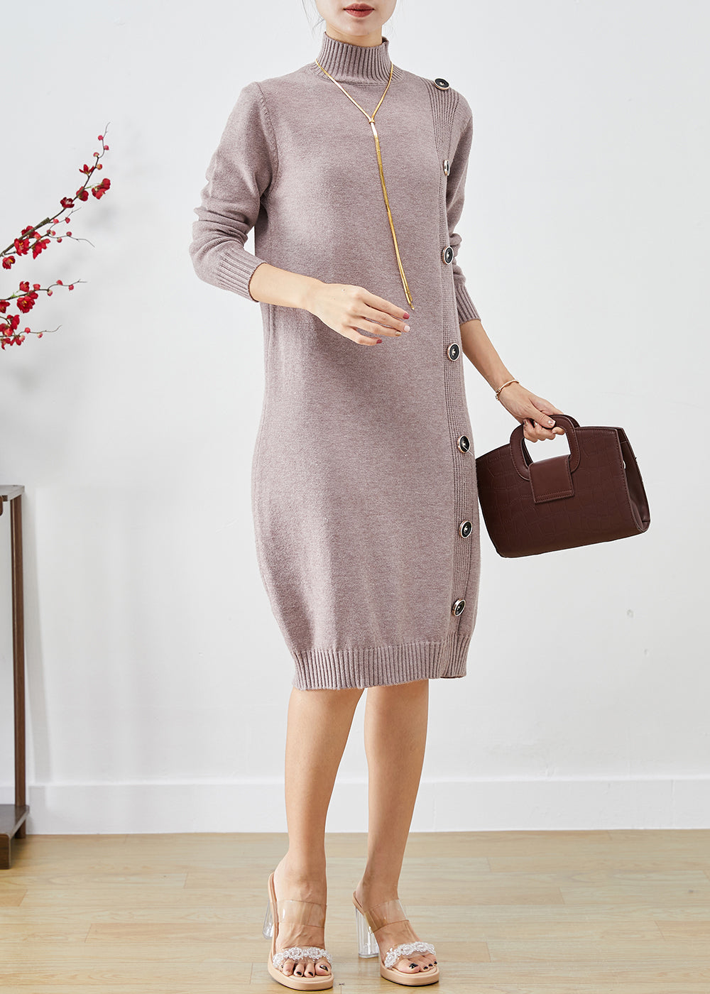 Elegant Light Purple High Neck Button Knit Sweater Dress Fall Ada Fashion