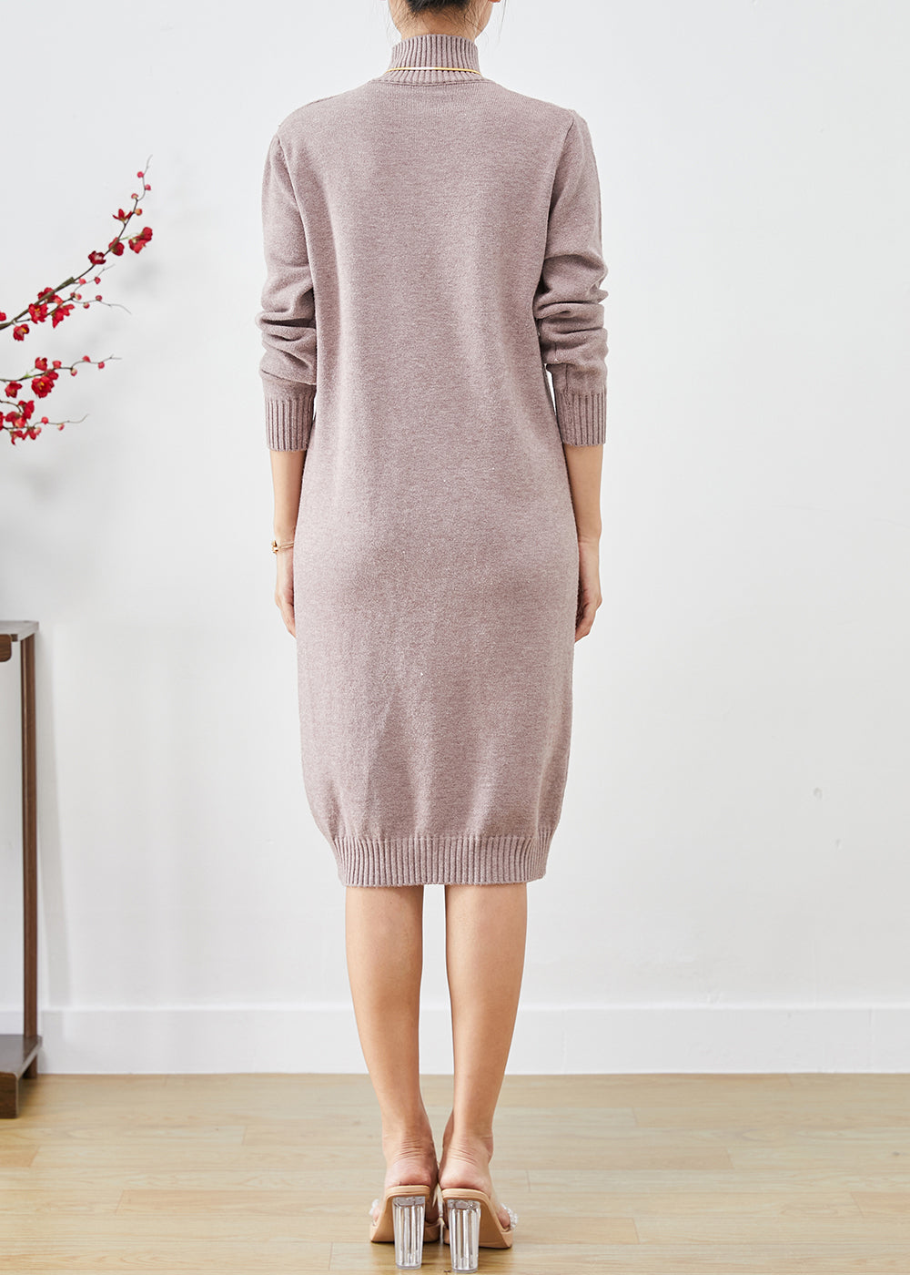 Elegant Light Purple High Neck Button Knit Sweater Dress Fall Ada Fashion