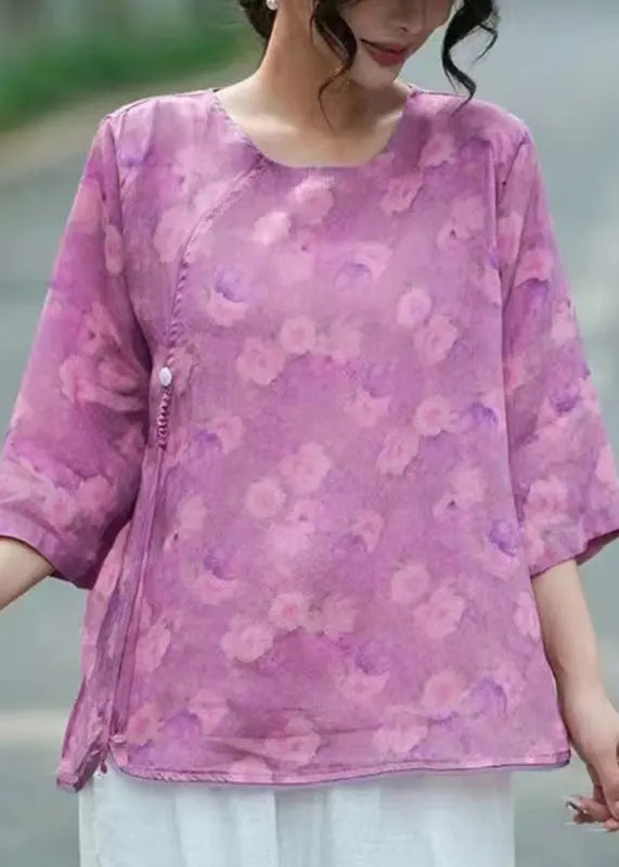 Elegant Light Purple O-Neck Print Linen Tops Bracelet Sleeve Ada Fashion