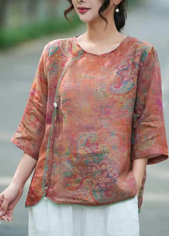 Elegant Light Purple O-Neck Print Linen Tops Bracelet Sleeve Ada Fashion