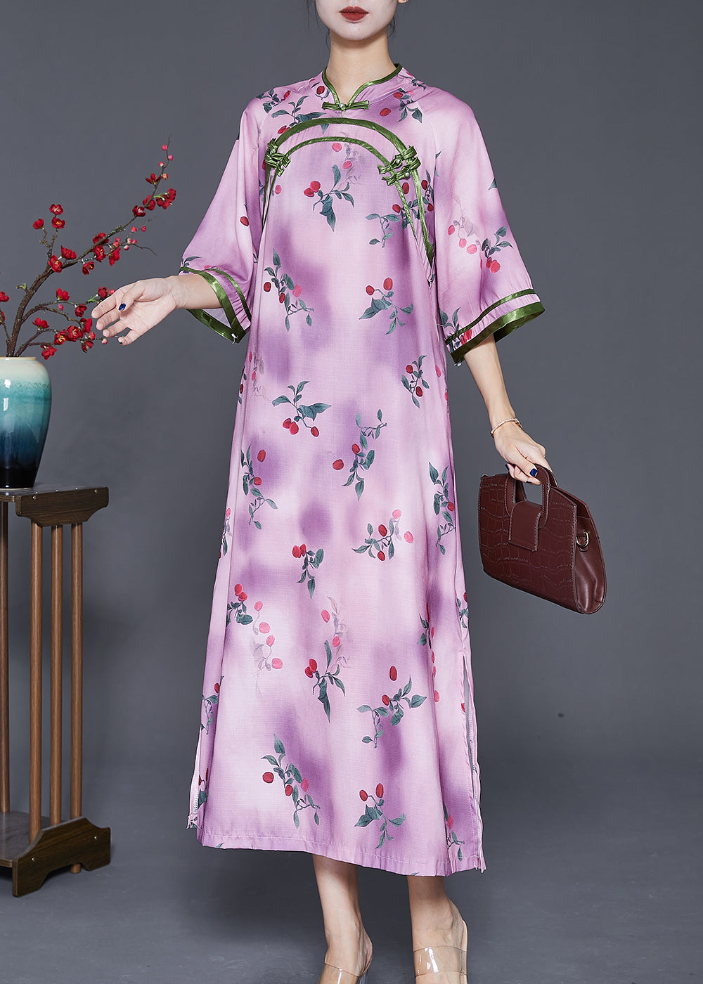 Elegant Light Purple Print Chinese Style Long Dresses Half Sleeve Ada Fashion