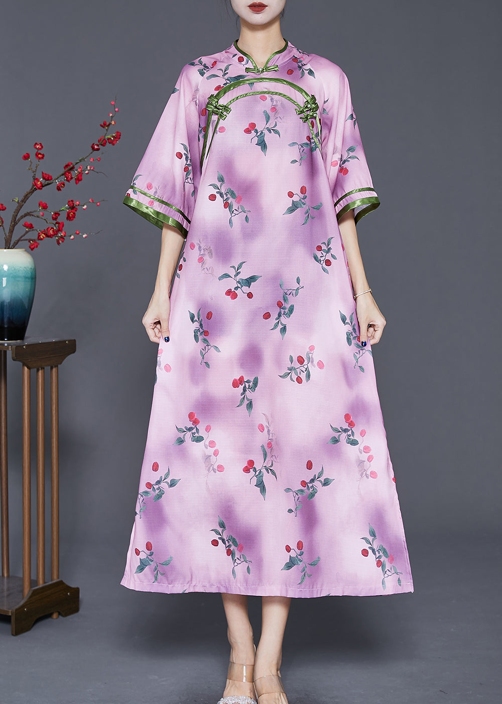 Elegant Light Purple Print Chinese Style Long Dresses Half Sleeve Ada Fashion