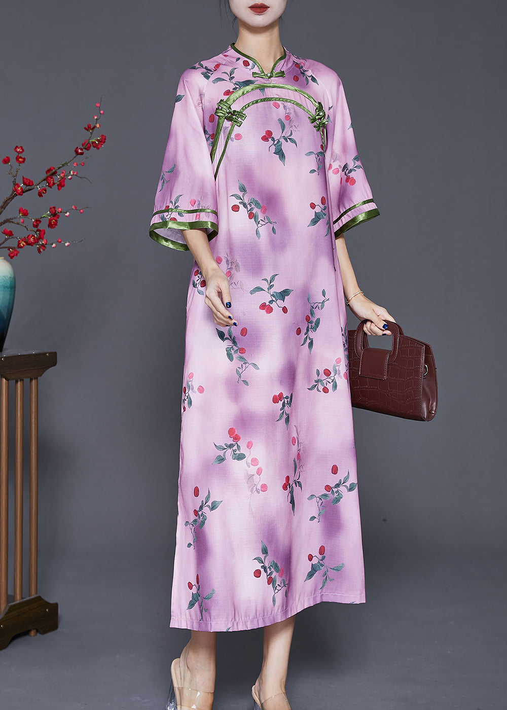 Elegant Light Purple Print Chinese Style Long Dresses Half Sleeve Ada Fashion