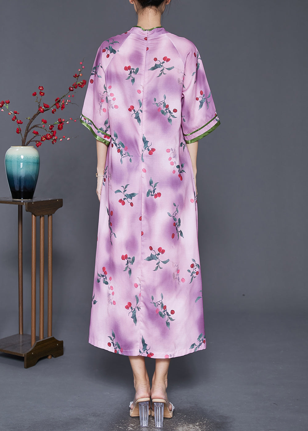 Elegant Light Purple Print Chinese Style Long Dresses Half Sleeve Ada Fashion