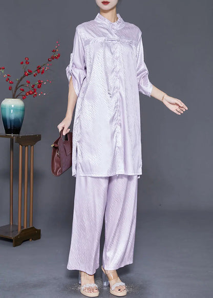 Elegant Light Purple Ruffled Tasseled Silk Two Pieces Set Fall Ada Fashion