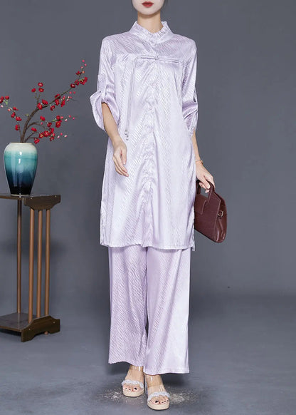 Elegant Light Purple Ruffled Tasseled Silk Two Pieces Set Fall Ada Fashion