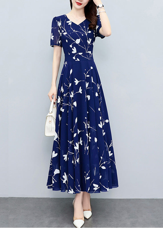 Elegant Navy Blue V Neck Print Slim Chiffon Maxi Dresses Summer LY1706 - fabuloryshop