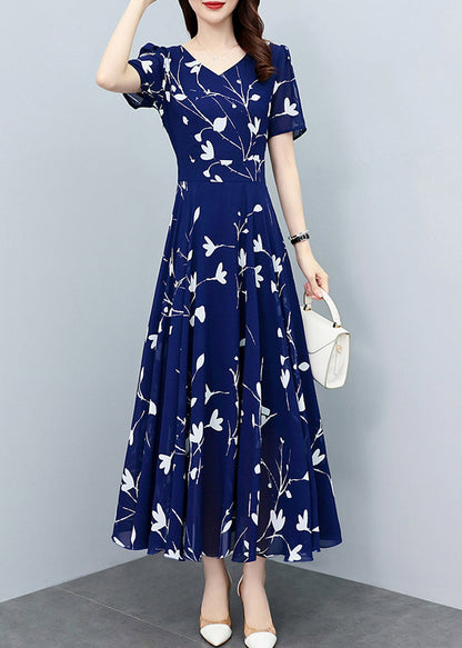 Elegant Navy Blue V Neck Print Slim Chiffon Maxi Dresses Summer LY1706 - fabuloryshop