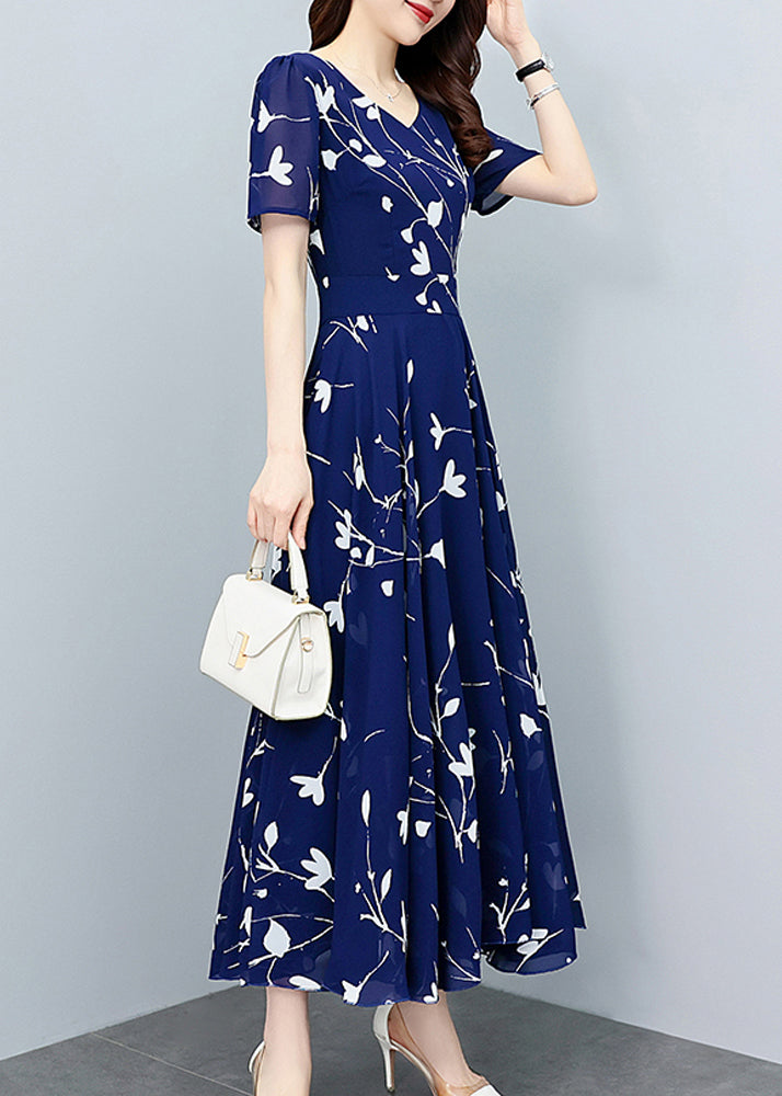 Elegant Navy Blue V Neck Print Slim Chiffon Maxi Dresses Summer LY1706 - fabuloryshop