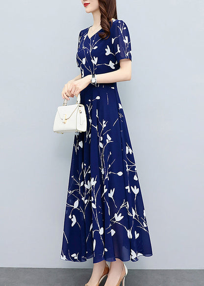 Elegant Navy Blue V Neck Print Slim Chiffon Maxi Dresses Summer LY1706 - fabuloryshop