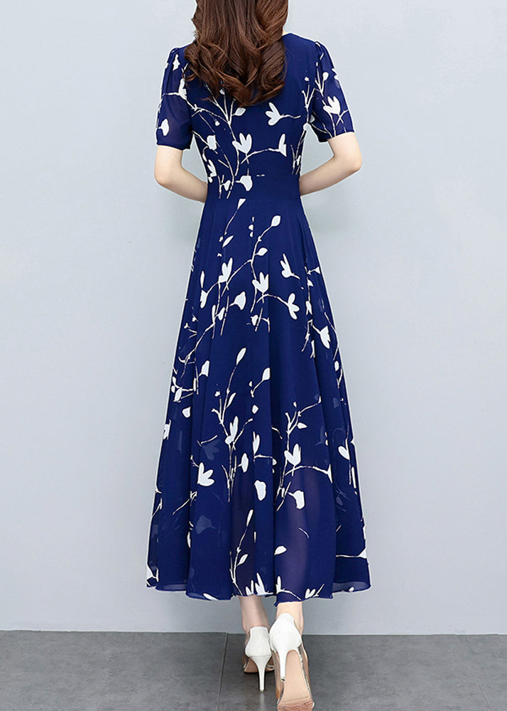 Elegant Navy Blue V Neck Print Slim Chiffon Maxi Dresses Summer LY1706 - fabuloryshop