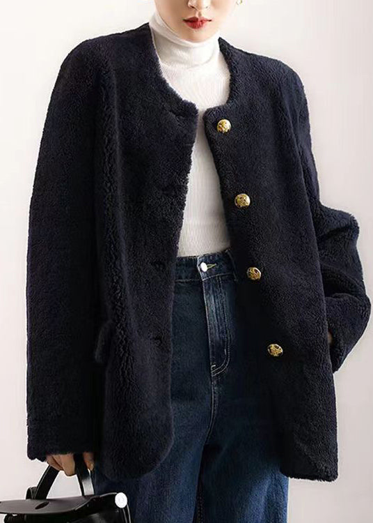 Elegant Navy O Neck Pockets Button Patchwork Wool Coat Winter Ada Fashion