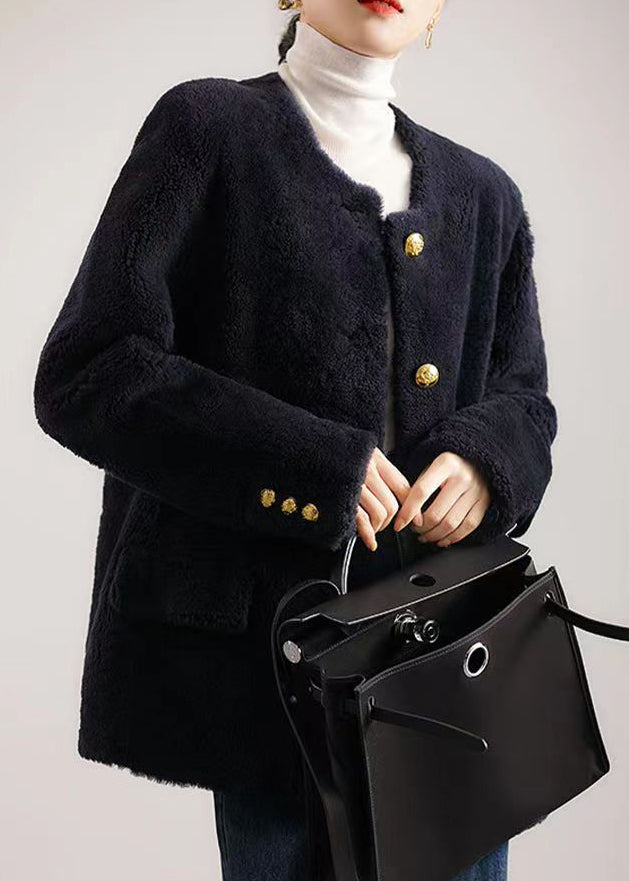 Elegant Navy O Neck Pockets Button Patchwork Wool Coat Winter Ada Fashion