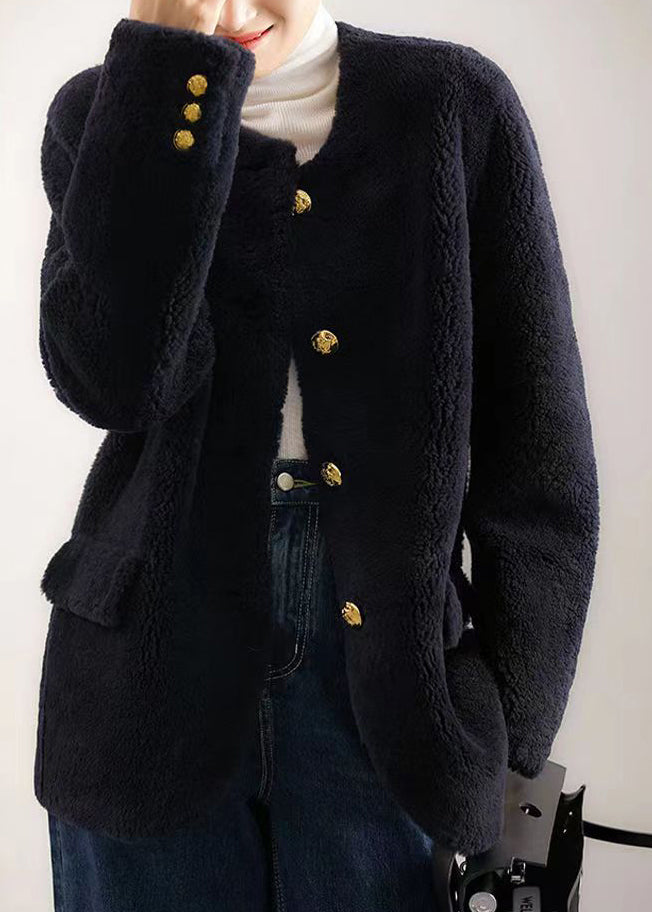 Elegant Navy O Neck Pockets Button Patchwork Wool Coat Winter Ada Fashion