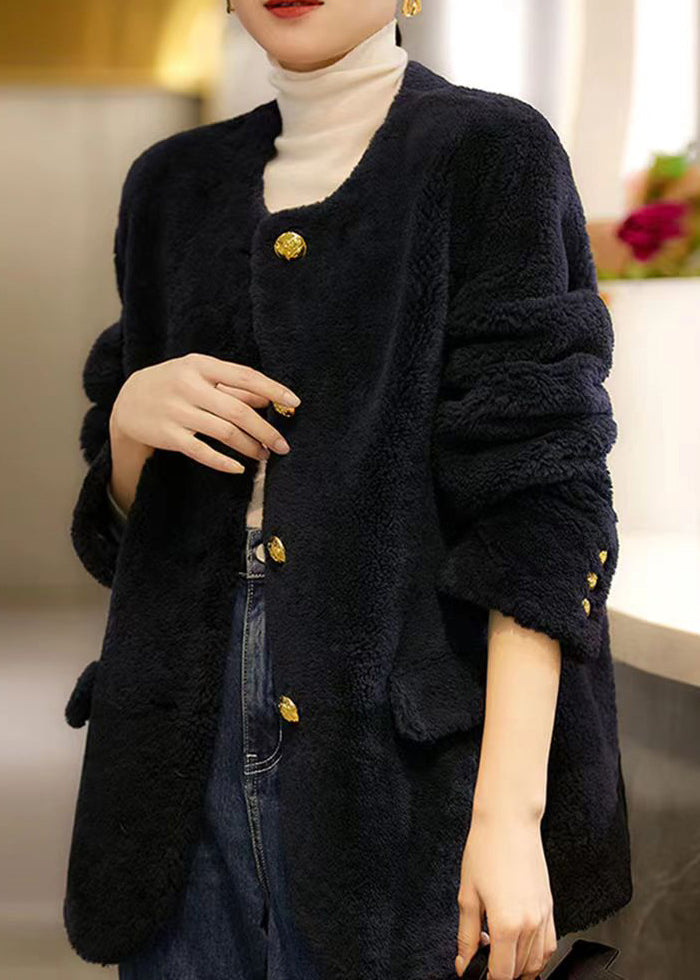 Elegant Navy O Neck Pockets Button Patchwork Wool Coat Winter Ada Fashion