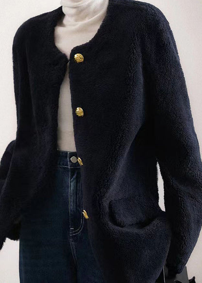 Elegant Navy O Neck Pockets Button Patchwork Wool Coat Winter Ada Fashion