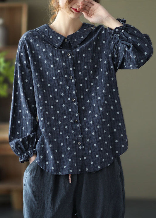 Elegant Navy Peter Pan Collar Dot Print Linen Blouses Lantern Sleeve TG1038 - fabuloryshop