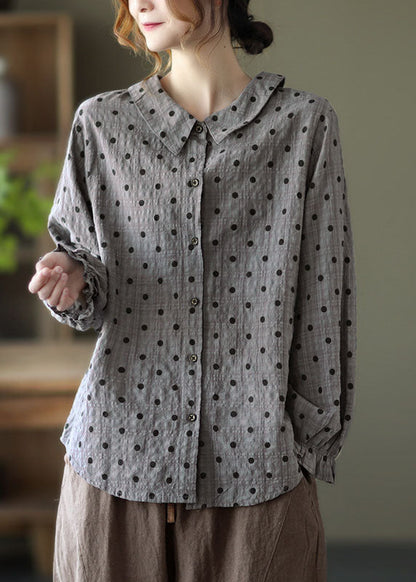 Elegant Navy Peter Pan Collar Dot Print Linen Blouses Lantern Sleeve TG1038 - fabuloryshop