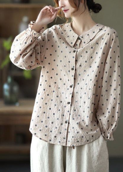 Elegant Navy Peter Pan Collar Dot Print Linen Blouses Lantern Sleeve TG1038 - fabuloryshop