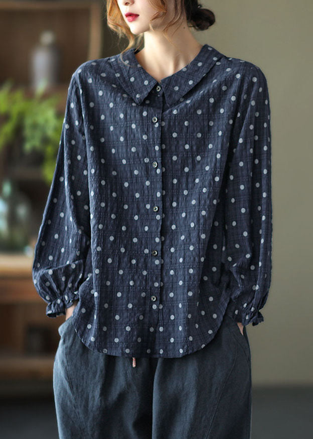 Elegant Navy Peter Pan Collar Dot Print Linen Blouses Lantern Sleeve TG1038 - fabuloryshop