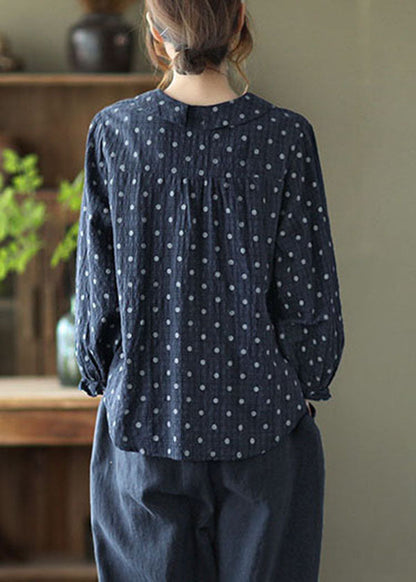 Elegant Navy Peter Pan Collar Dot Print Linen Blouses Lantern Sleeve TG1038 - fabuloryshop