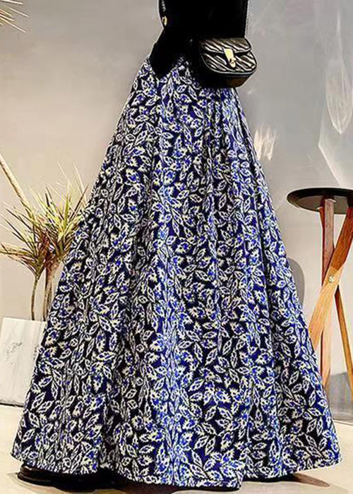 Elegant Navy Print Elastic Waist Patchwork Cotton Maxi Skirts Fall Ada Fashion