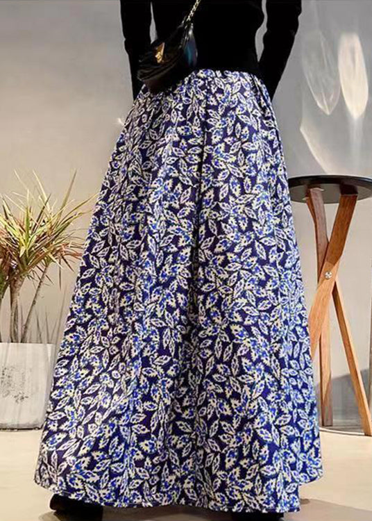 Elegant Navy Print Elastic Waist Patchwork Cotton Maxi Skirts Fall Ada Fashion