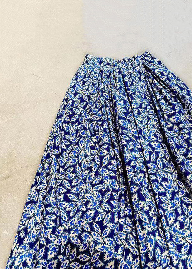 Elegant Navy Print Elastic Waist Patchwork Cotton Maxi Skirts Fall Ada Fashion