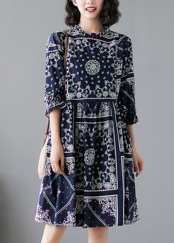 Elegant Navy Ruffled Print Linen Dresses Half Sleeve LY2382 - fabuloryshop