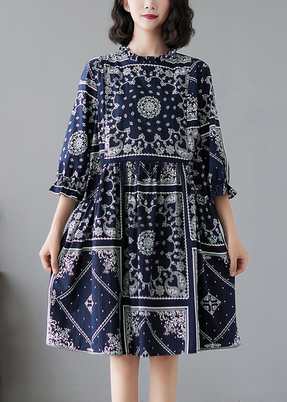 Elegant Navy Ruffled Print Linen Dresses Half Sleeve LY2382 - fabuloryshop