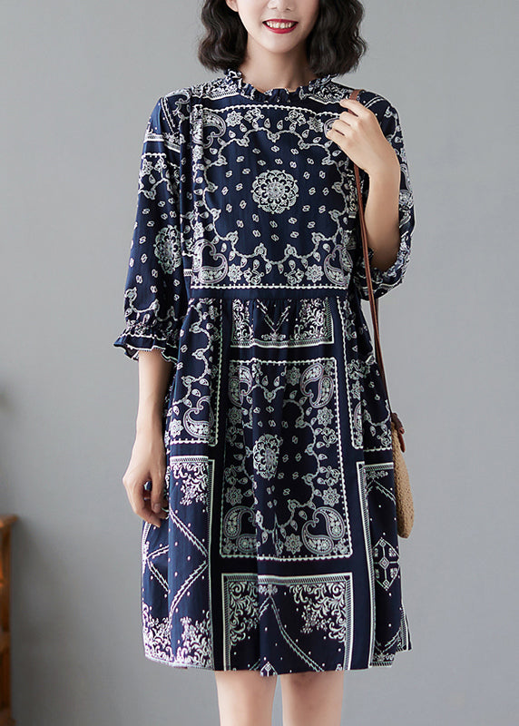 Elegant Navy Ruffled Print Linen Dresses Half Sleeve LY2382 - fabuloryshop