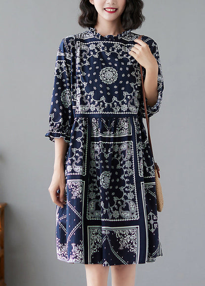 Elegant Navy Ruffled Print Linen Dresses Half Sleeve LY2382 - fabuloryshop