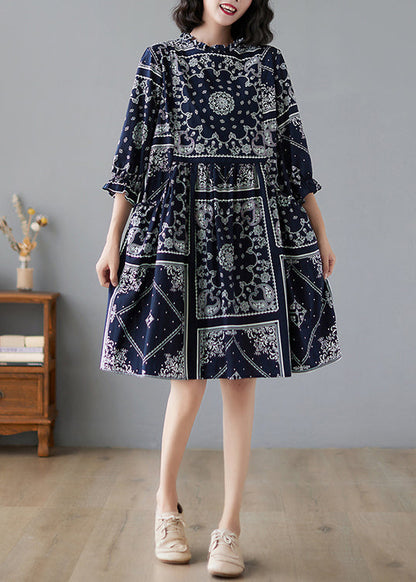 Elegant Navy Ruffled Print Linen Dresses Half Sleeve LY2382 - fabuloryshop