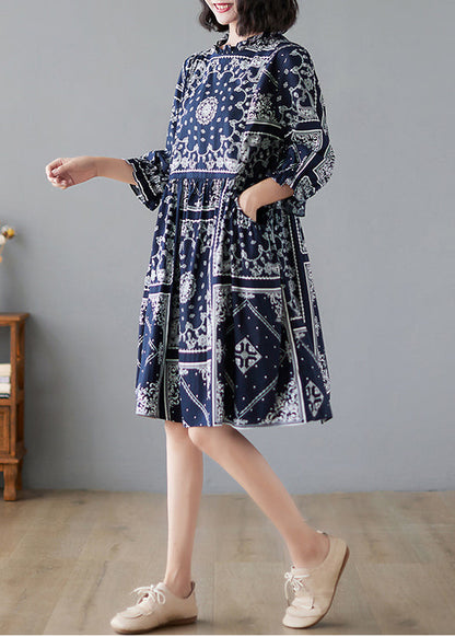 Elegant Navy Ruffled Print Linen Dresses Half Sleeve LY2382 - fabuloryshop