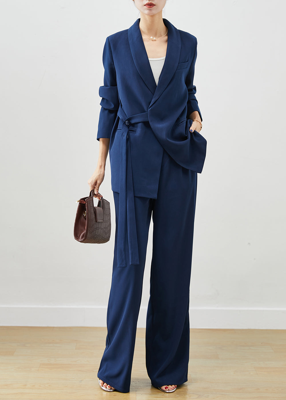 Elegant Navy Tie Waist Draping Spandex Two Pieces Set Fall Ada Fashion