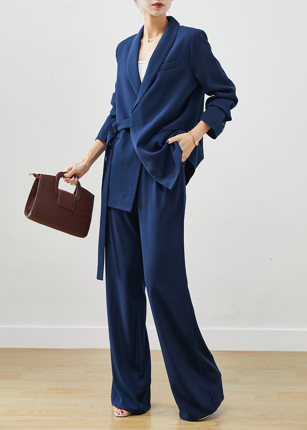 Elegant Navy Tie Waist Draping Spandex Two Pieces Set Fall Ada Fashion