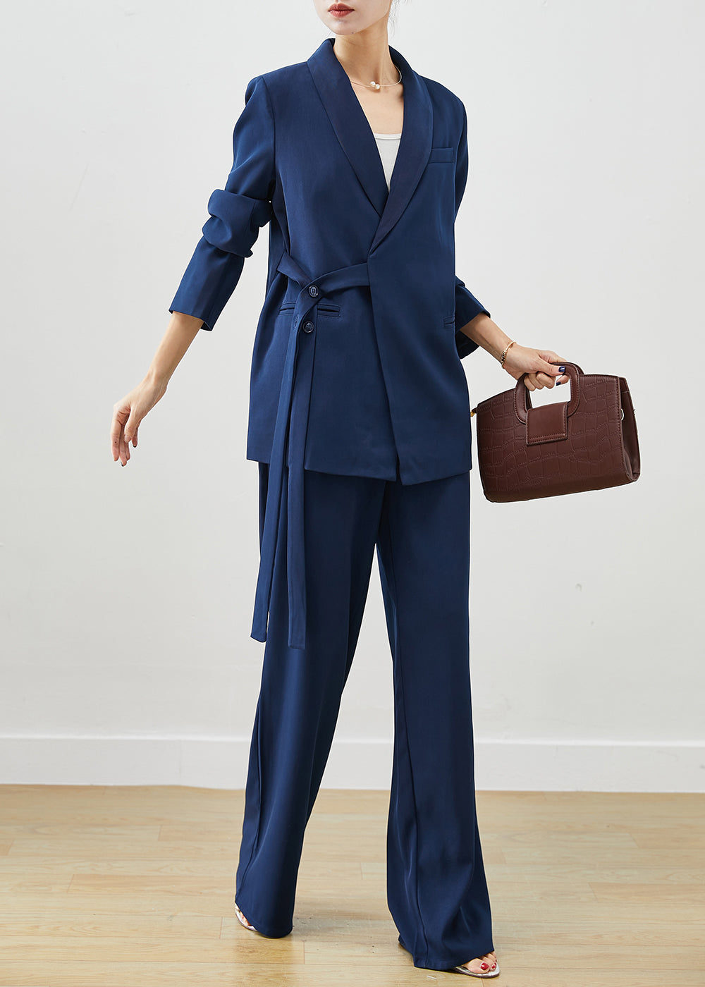 Elegant Navy Tie Waist Draping Spandex Two Pieces Set Fall Ada Fashion