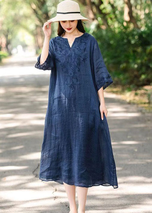 Elegant Navy V Neck Embroideried Patchwork Linen Dresses Summer LY2552 - fabuloryshop