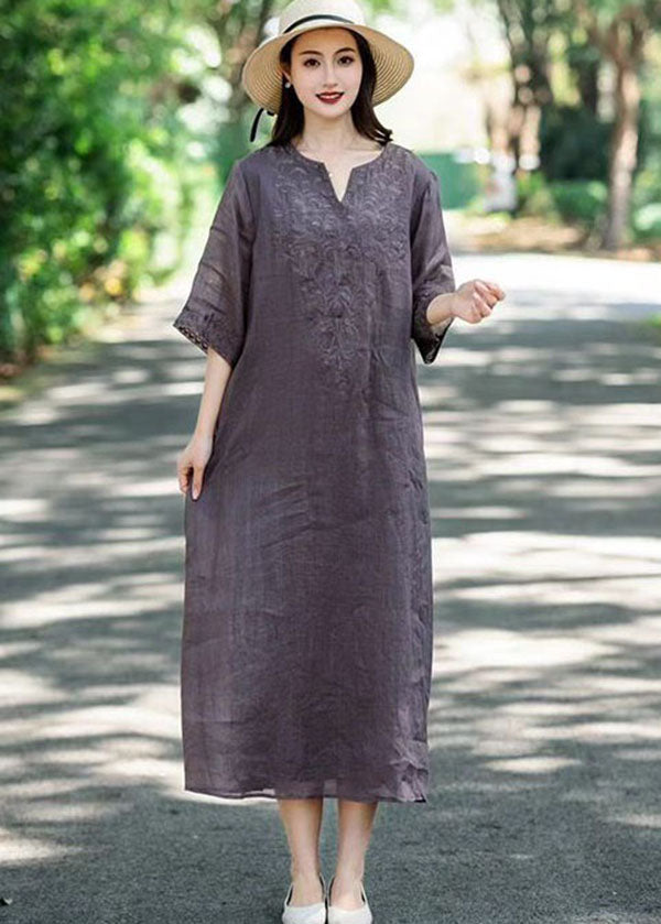 Elegant Navy V Neck Embroideried Patchwork Linen Dresses Summer LY2552 - fabuloryshop