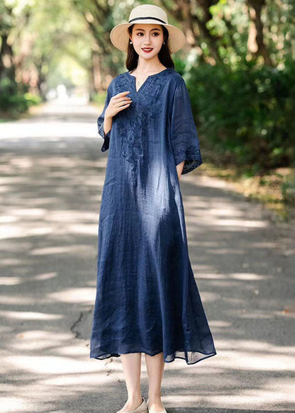 Elegant Navy V Neck Embroideried Patchwork Linen Dresses Summer LY2552 - fabuloryshop