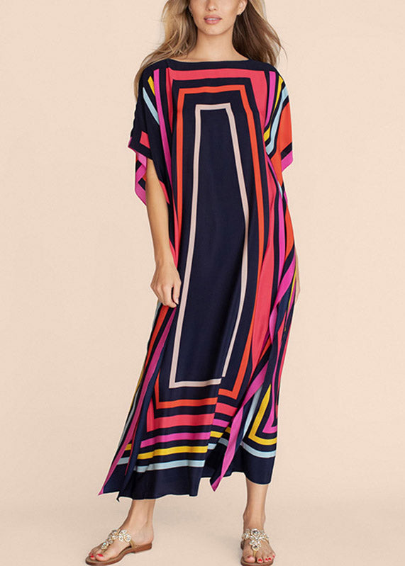 Elegant O-Neck Striped Patchwork Side Open Maxi Beach Dresses Short Sleeve LY3034 - fabuloryshop